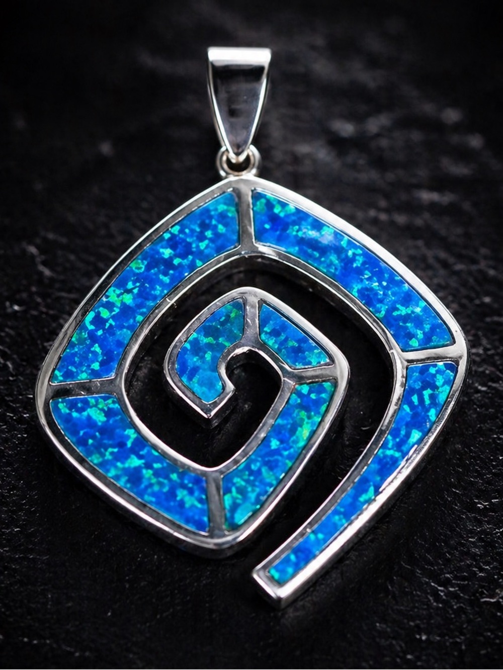 925 Sterling Silver Aqua Blue Fire Opal Spiral Wave Pendant Modern Coastal Luxe